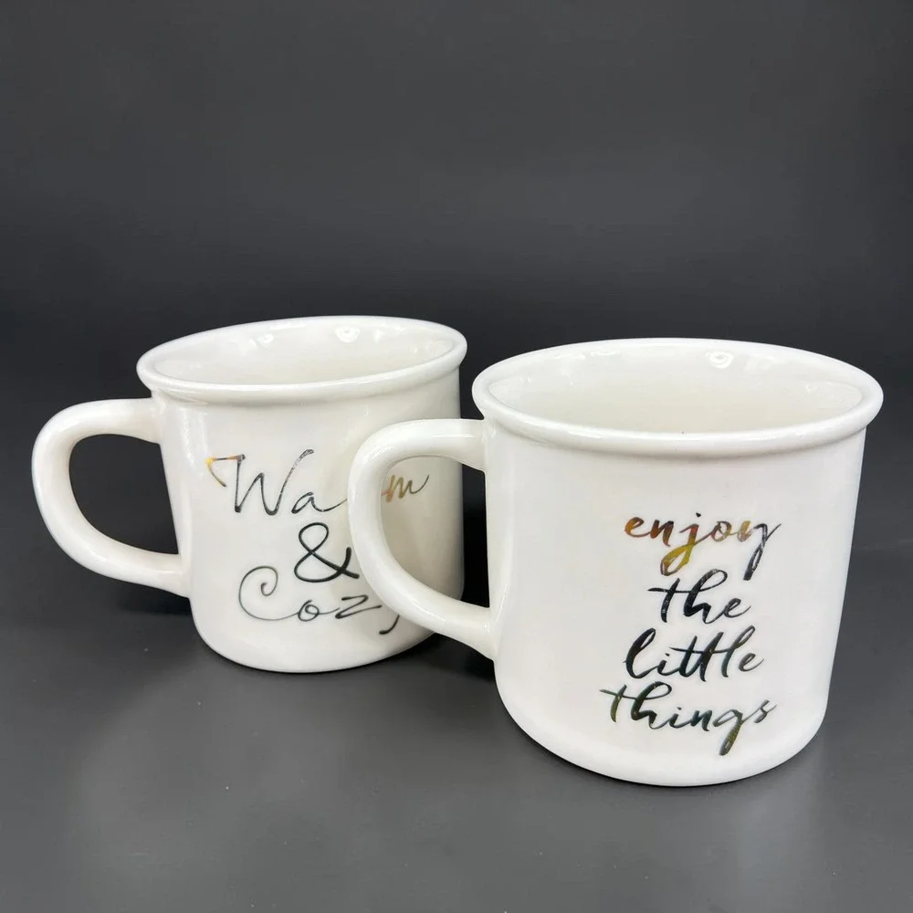 Pottery Barn White Ceramic Mugs Set Warm & Cozy Enjoy The Little Things 2pc